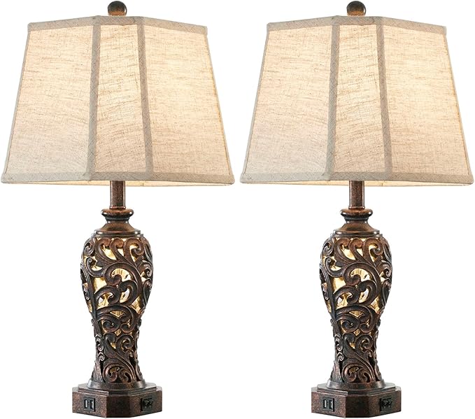 Set of 2 Farmhouse Table Lamps for Living Room, Rustic Vintage Nightstand Lamp with 2 USB Port, Bronze Resin Lamps for Bedroom End Table with Hollow Out Nightlight, 2 Bulbs Included - Bloomnest