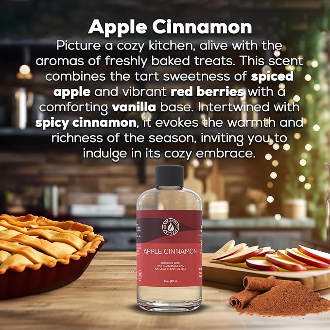 Aroma Country Apple Cinnamon Diffuser Oil - Luxury Essential Oils for Diffuser Refill & Air Freshener Room Spray - Long-Lasting & Natural Home Fragrance, Apple Cinnamon Scented Oil (8.5 Fl. oz) AromaCountry