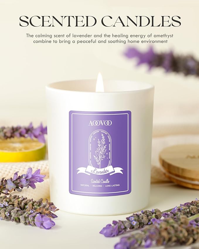 AOOVOO Lavender Scented Candles for Women - Aromatherapy Candle with Crystals Inside, 10oz Soy Candles for Home Scented, Birthday Gifts Christmas Candle for Women Mom - Bloomnest