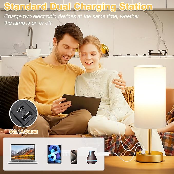 Dicoool Small Touch Bedside Lamp with USB - 3 Way Dimmable Table Lamp for Bedroom, Nightstand Lamp with Gold Charging Station for Desk Dorm, Office - Bloomnest