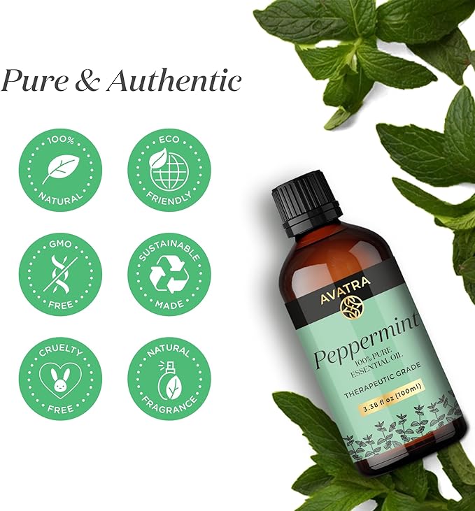 Avatra Peppermint Essential Oil 100ML (3.38 OZ) with Glass Dropper and Travel Bottle, Pure and Natural Therapeutic Grade Peppermint Oil for Diffuser, Aromatherapy, Massage, and DIY Candle Products - Bloomnest