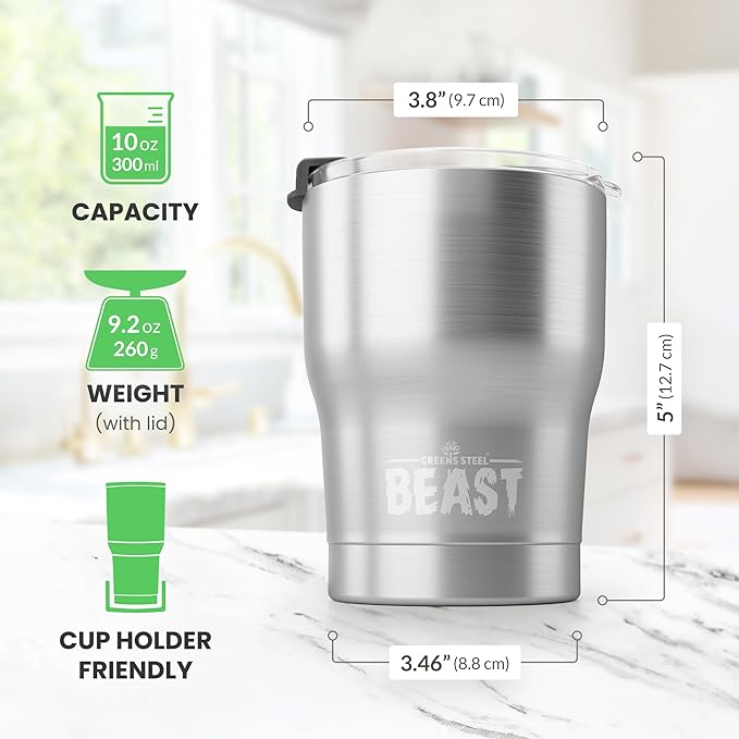 Beast 10 oz Tumbler Stainless Steel Vacuum Insulated Coffee Ice Cup Double Wall Travel Flask (Steel) - Bloomnest
