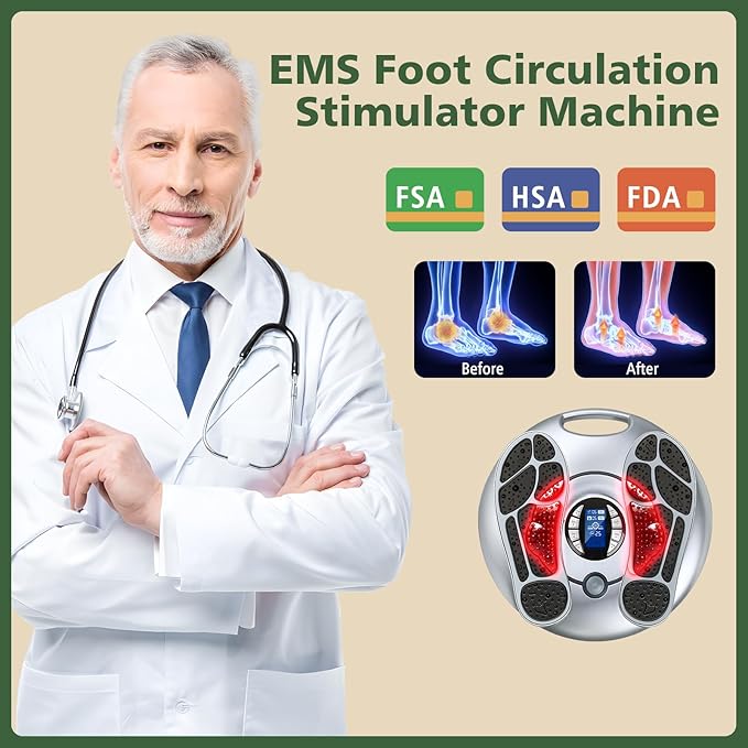 EMS Foot Massager for Neuropathy, TENS Electronic Muscle Circulation Stimulator with 4 Electrode Pads,Relieves Swelling, Fatigue, Plantar Fasciitis Silver - Bloomnest