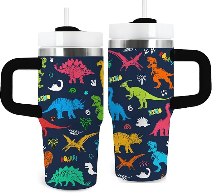 Dinosaur Tumbler Gifts, 14oz Dinosaur Themed Tumbler with Handle and Straw, Stainless Steel Double Wall Vacuum Insulated Cup Keep Hot Cold - 14oz Travel Mug with Lid Tumblers for Home Work Outdoor Use - Bloomnest