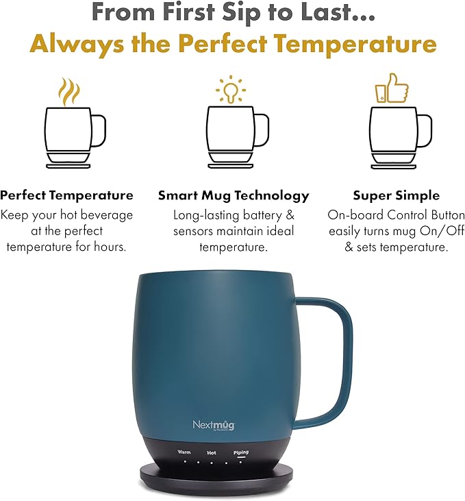 Nextmug - Temperature-Controlled, Self-Heating Coffee Mug (Slate Blue - 14 oz.) - Bloomnest