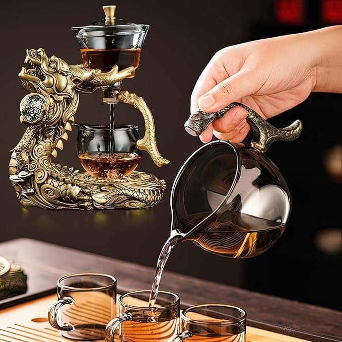 Dragon Lazy Tea Set, Semi Automatic Dragon Tea Set, Glass Magnetic Teapot Set with Infuser, Semi Automatic Tea Drip Pot Set for father's birthday, Christmas gift