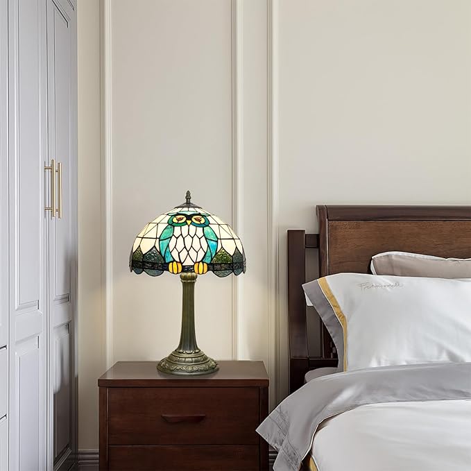 Tiffany Lamp Owl Animal Style Stained Glass Table Lamp Vintage Bedroom Bedside Light for Home Dorm Office Art Craft Antique Decor Accent Aesthetic Nightstand Reading Light 12x12x19 Inches - Bloomnest