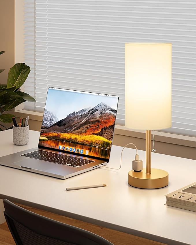 Fenmzee Plus Gold Bedside Lamps Set of 2-3 Color Temperatures Pull Chain Lamp with AC Outlet Charging Port, Round Night Stand Lamps for Bedroom, Bed Side Light with E26 LED Bulbs - Bloomnest