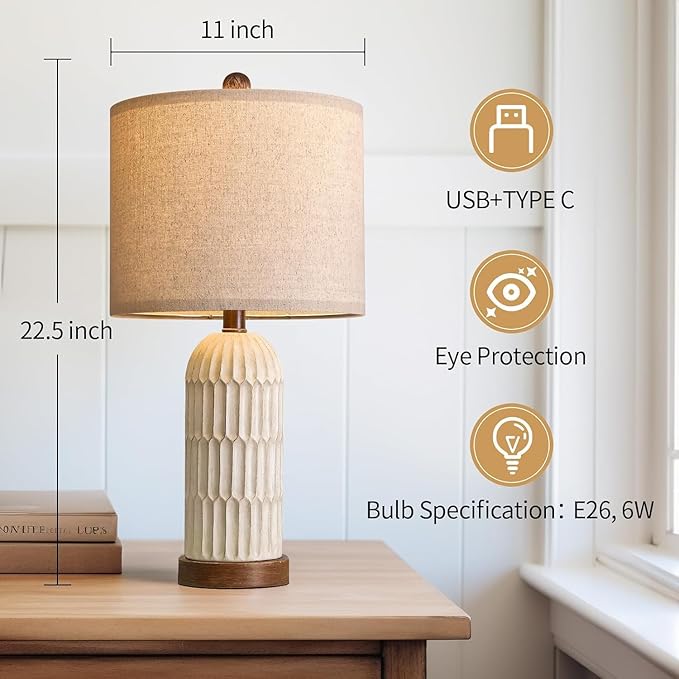 OYEARS 22.5" Table Lamp for Living Room,Retro Farmhouse Lamps for Nightstands Boho Bedroom Lamps Set of 2,with USB A+C Charging Ports,Beige and Brown - Bloomnest