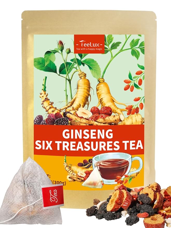 TeeLux Ginseng Six Treasures Tea, Traditional Chinese Herbal Tea Blend with Ginseng, Mulberry, Goji Berry, Yam, 30 Biodegradable Pyramid Bags, Caffeine-Free - Bloomnest