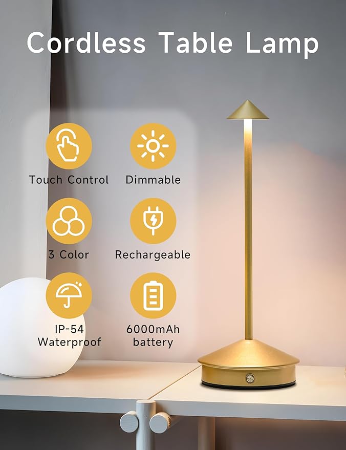 Cordless Table Lamps,LED Rechargeable Desk Lamp,Portable Modern USB Battery Operated Lights,Outdoor Waterproof Touch Dimmable,for Patio,Restaurant,Bar,Camping,Dining Home Set of 2 Gold - Bloomnest