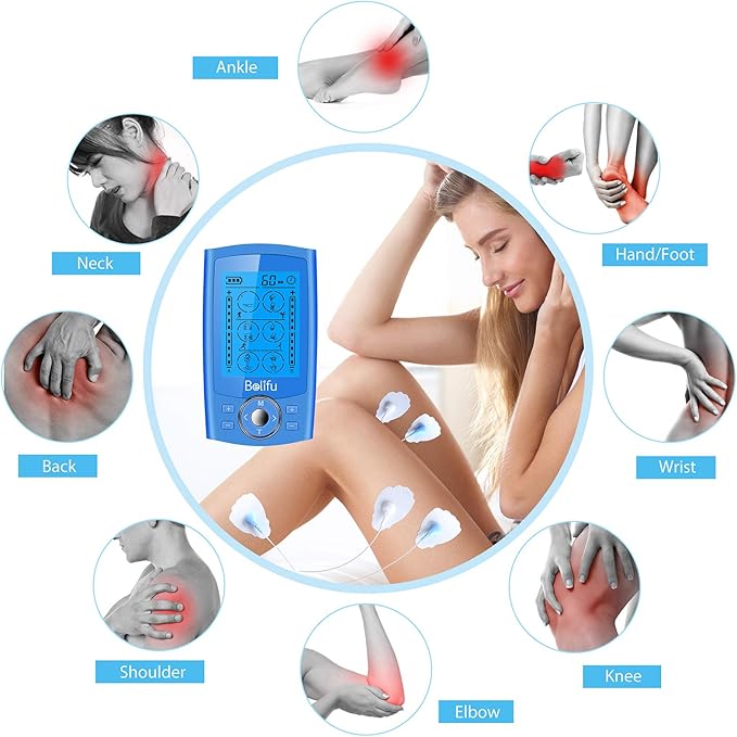 Belifu Dual Channel TENS EMS Unit 24 Modes Muscle Stimulator for Pain Relief Therapy, Electronic Pulse Massager Muscle Massager with 10 Pads, Dust-Proof Drawstring Storage Bag, Fastening Cable Ties Belifu