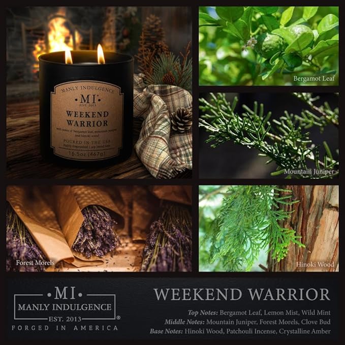 Manly Indulgence Weekend Warrior Scented Candles for Men, 2 Wick, 16.5 oz Premium Soy Blend Wax, 60H Burn, Candles for Home Scented - Made in The USA - Bloomnest
