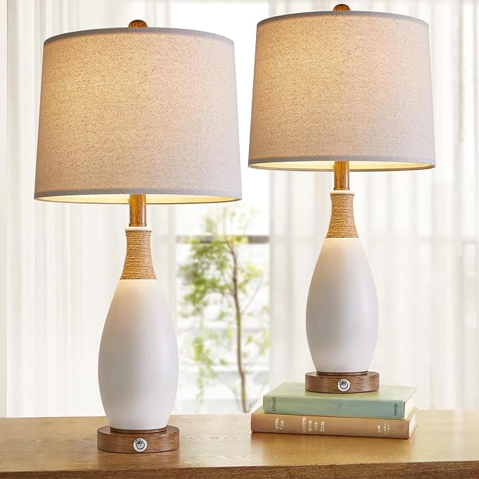 OYEARS 24.5” 3-Way Dimmable Touch Control Bedside Table Lamp Set of 2 with USB and Type-C Charging Ports Modern Farmhouse Nightstand Lamp for Bedroom Living Room (Bulb Included) - Bloomnest