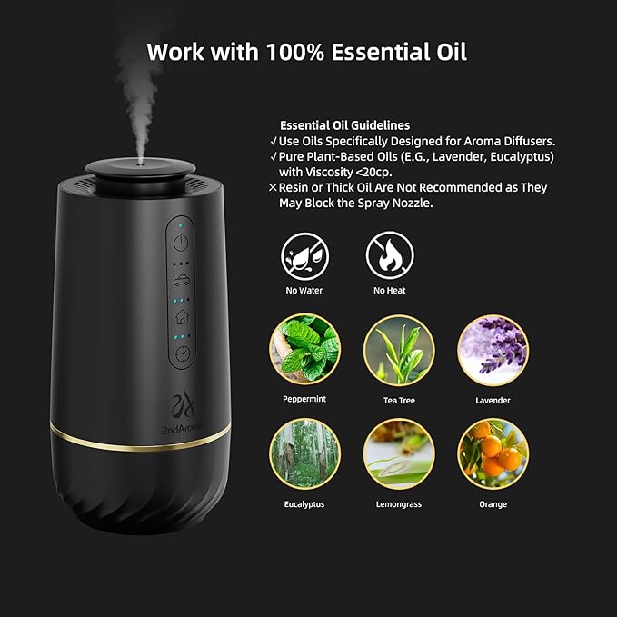 Waterless Oil Diffuser, Portable Car Diffusers for Essential Oils, Wireless Diffusers with 3 Mist Levels & Timer, ABS Material, Starry Night Light for Car Home Office, Includes 3 Scent Oils - Bloomnest