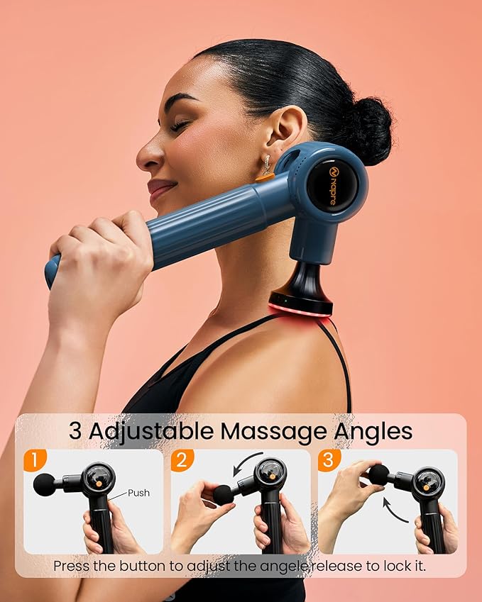 NAPRE Massage Gun with Heat,Massage Gun Deep Tissue with Extension Handle & 3 Adjustable Angles,Handheld Percussion Back Massager for Muscle/Neck/Body Pain Relief with Portable Case,Blue - Bloomnest