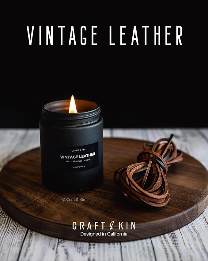 Craft & Kin Premium Vintage Leather Candle | Black Christmas Scented Candles for Men | Long Lasting with 45 Hour Burn Time, 7.6oz | Soy Holiday Candles | Aromatherapy at Home | Gifts for Men - Bloomnest