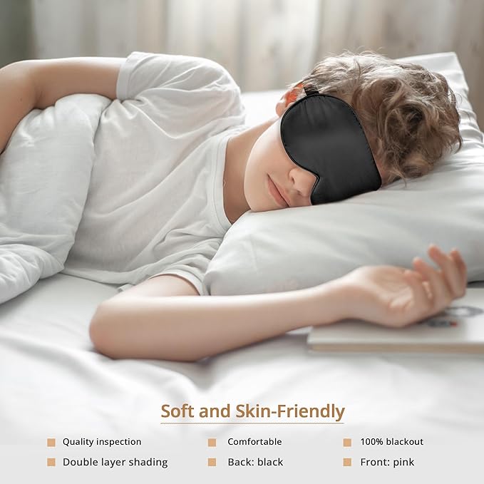 Kids Sleep Mask Eye Cover, 100% Real Natural Pure Silk Eye Mask with Adjustable Strap, Blindfold Kids Eye Mask for Sleeping, Eye Shade for Boys Girls and Adult, Pressure-Free Comfort (Black) - Bloomnest