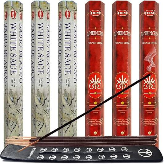 White Sage & Frankincense Incense Sticks & Holder Bundle Variety Pack from Hem Trumiri Insense Insence