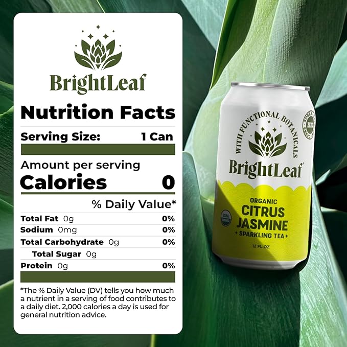 BrightLeaf Regenerative Organic Sparkling Tea, Citrus Jasmine, 12 oz Cans (Pack of 12) – Zero Sugar & Zero Calories – Organic Herbal Tea Drink – Mood-boosting ingredients – Craft Brewed Botanical Beverage - Bloomnest