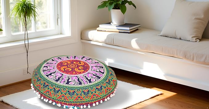 CRAFT KALA Large Round Bohemian Floor Pillow Pouf Cover Mandala Meditation Room Pillow Cover for Adults Boho Seating Poufs Cushion Cover for Kids Playroom Multi 6 Color 32" Round - Bloomnest