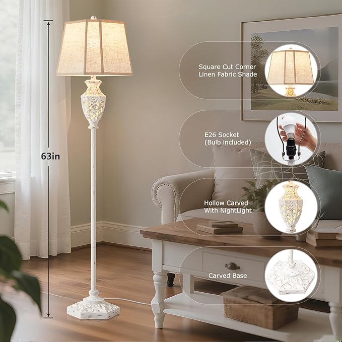 Luvkczc Rustic Floor Lamp - Resin Carved Base with Hollow Night Light, Farmhouse Floor Lamps, Vintage Standing Lamp for Living Room, Bedroom (Includes Bulb) - Bloomnest