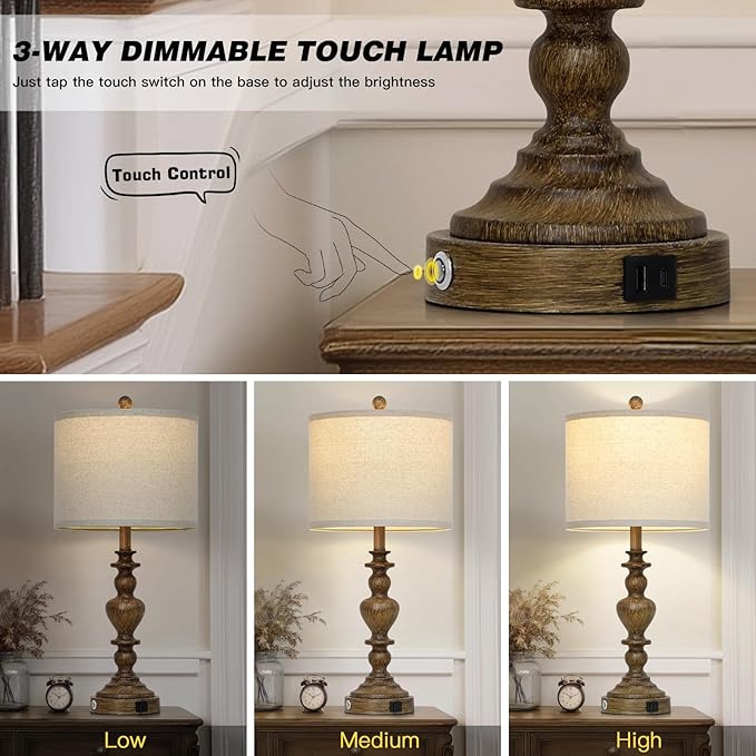 27" Vintage Table Lamps Set of 2, Farmhouse Resin Bedside Lamp with USB C+A Ports & AC Outlet, 3-Way Dimmable Touch Control Lamps for Living Room Bedroom Nightstand Antique Brown Washed Wooden Finish - Bloomnest