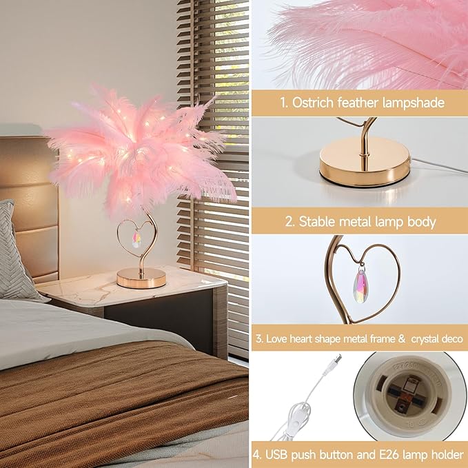 Pink Ostrich Feather Lamp Creative Furry Bedside Lamp Romantic Feather Table Lamp Fluffy Nightstand Light for Girl Bedroom Wedding Decor Valentines Dating Livingroom Hotel Office Christmas - Bloomnest
