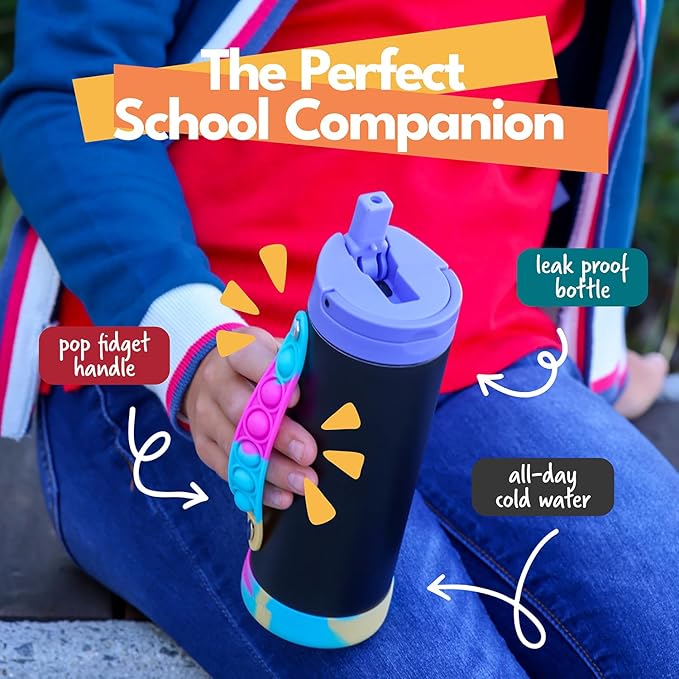 Elemental Iconic Kids Water Bottle for School - 100% Leak-Proof Insulated Water Bottles with Straw Lid & Pop-It Handle for Boys & Girls - Triple-Wall Insulated & BPA-Free, 14oz – Black Tie Dye - Bloomnest