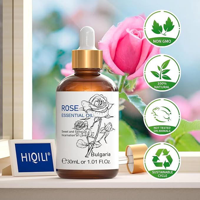 HIQILI Rose Essential Oil 1 Fl Oz, 100% Natural Therapeutic Grade for Aromatherapy, Diffuser, Skin Care, Massage, Includes Premium Quality Glass Dropper - Bloomnest