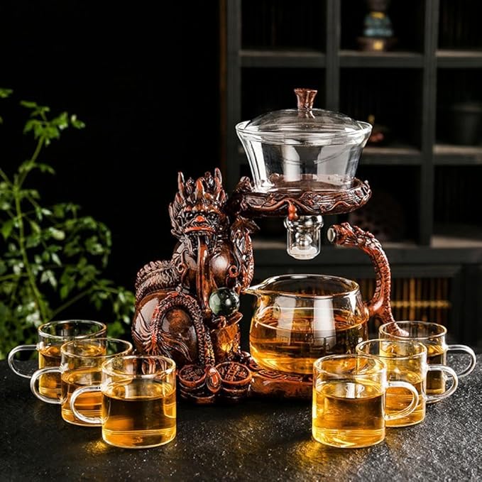 Glass Teapot Set with Infuser Semi Automatic Dragon Tea Set with 6 Small Cups (red dragon) - Bloomnest