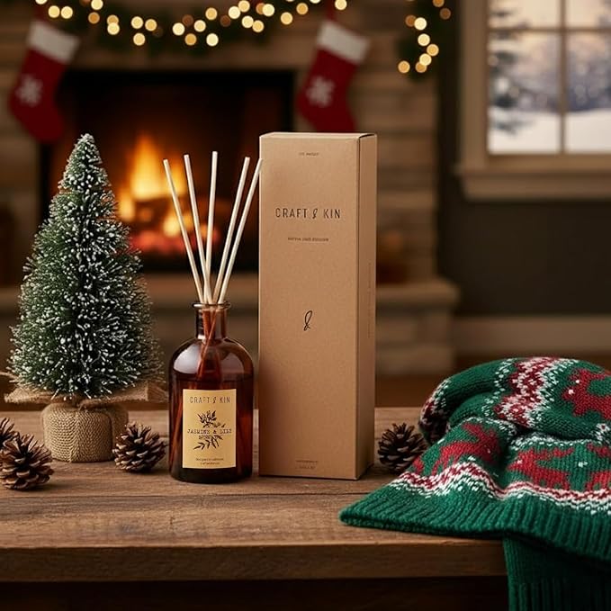 Craft & Kin Lily & Jasmine Diffuser Reed Diffuser | All Natural Essential Oil & 8 Rattan Scent Sticks | Reed Diffusers for Home, Bathroom | Long Lasting Home Fragrance in Amber Glass, 5.75oz CraftKin