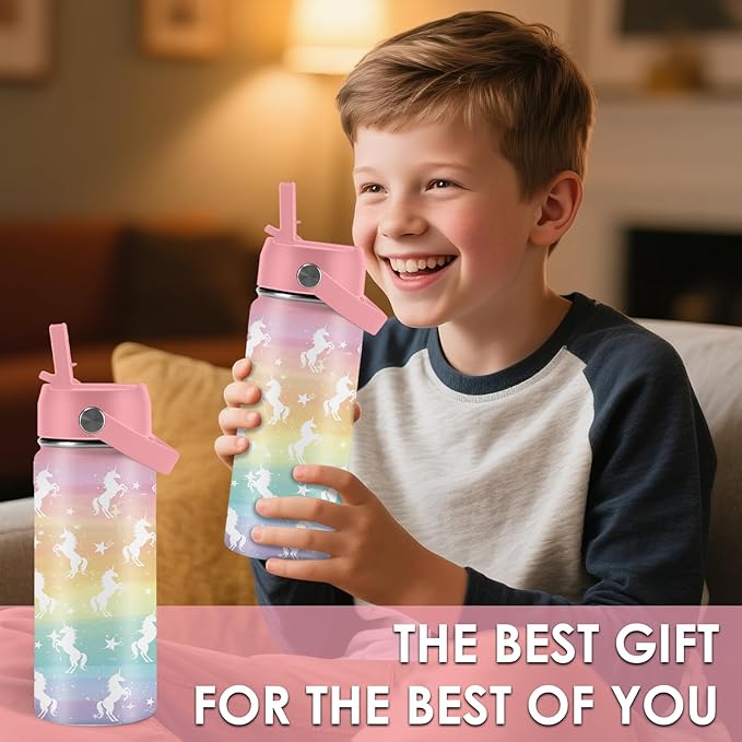 Unicorn Gifts 16 oz Water Bottle with Straw Lid, Stainless Steel Insulated Tumbler, Leak Proof, BPA - Free, Cute Rainbow Unicorn Pattern Mug for Birthday, Christmas, Daily Use, Travel (1pc) - Bloomnest