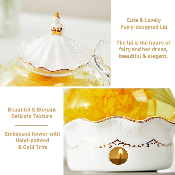 DUJUST Blooming Tea Pot Set, Luxury British Design with Relief Decor & Gold Trims, Hand-Crafted Clear Teapot with Warmer, 40oz Glass Teapot with Infuser, Stove-Safe Tea Party Gift & Home Décor - Bloomnest