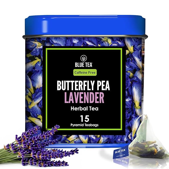 BLUE TEA - Butterfly Pea Flower Tea - Lavender - 15 Count - Pyramid Plant Based Tea Bag | ANTIOXIDANT RICH | Calming Tea - Caffeine Free - Flower Based - Herbal Tea - Non-GMO | Tin Packaging - Bloomnest
