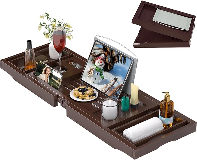 Bathtub Caddy Tray for Tub,Foldable Bath Table Trays,Bamboo Shelf with Book and Wine Glass Holder,Bathroom Accessories Suitable for Luxury Spa or Reading,Brown - Bloomnest