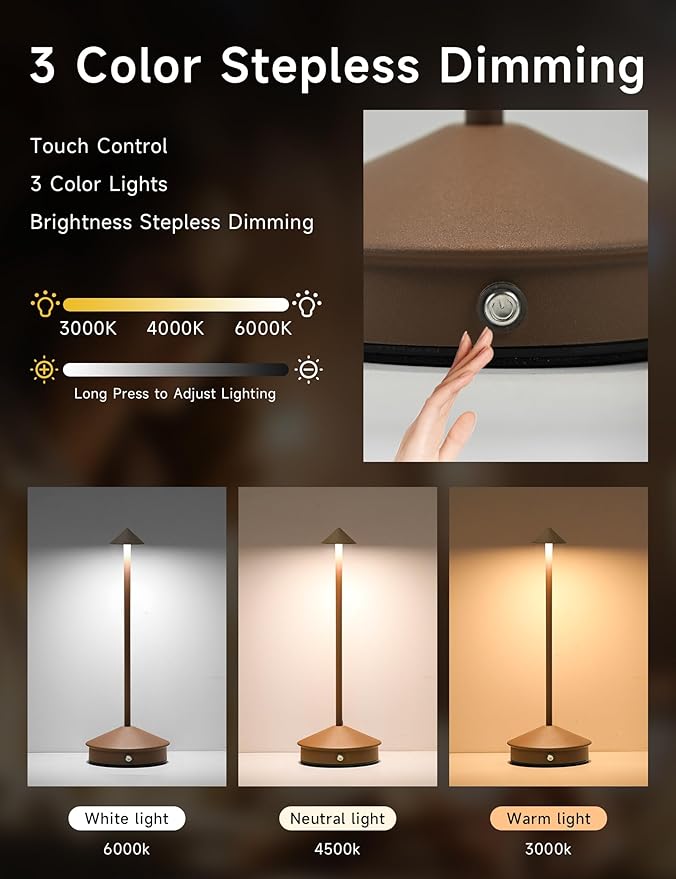 Cordless Table Lamps,LED Rechargeable Desk Lamp,Portable Modern USB Battery Operated Lights,Outdoor Waterproof Touch Dimmable,for Patio,Restaurant,Bar,Camping,Dining Home Set of 2 Brown - Bloomnest