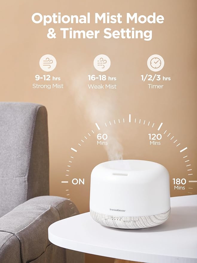 InnoGear 500ml Essential Oil Diffuser with Remote Control, Premium Ultrasonic Aromatherapy Diffusers Scent Humidifier Vaporizer Auto-Off Timer for Large Room Home, White - Bloomnest