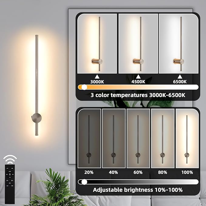 Battery Operated Wall Sconces with Remote, Dimmable 3000K-6000K/Timer/Memory LED Wall Lamp, 350°Rotate, USB Rechargeable Wireless wall lights for Living Room, Bedroom Brushed Nickel 23.6" (2 Pack) - Bloomnest