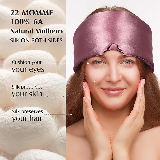 YFONG 100% Mulberry Silk Sleep Mask, Total Blackout Silk Eye Mask for Sleeping Women & Men, 22 Momme 6A Grade Pure Silk with Adjustable Band Designed for Side Sleeper Pink - Bloomnest