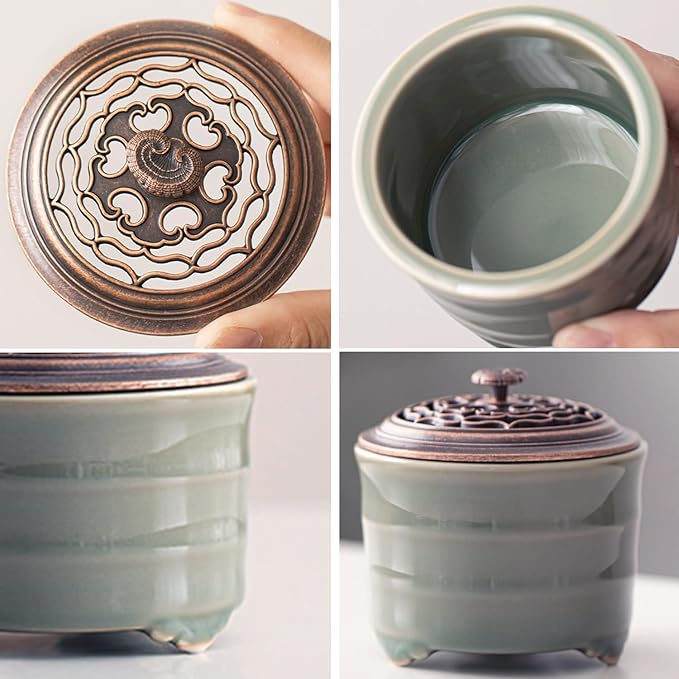 Ceramic Incense Holder with Beauty Lid,Coil Incense Burner for Cone and Powder Incense,Mediation Gift,Home Decor（Light Green） - Bloomnest