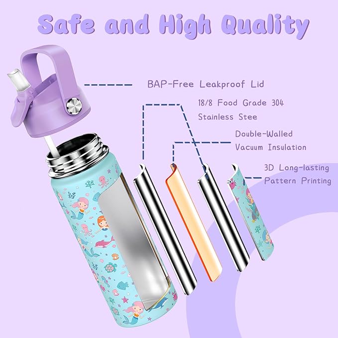 18oz Kids Insulated Water Bottle with Straw Lid - 18/8 Stainless Steel Kid Cup Travel Tumbler Double Wall Vacuum Leak Proof Portable Toddler Water Bottle (Butterfly+Mermaid） - Bloomnest