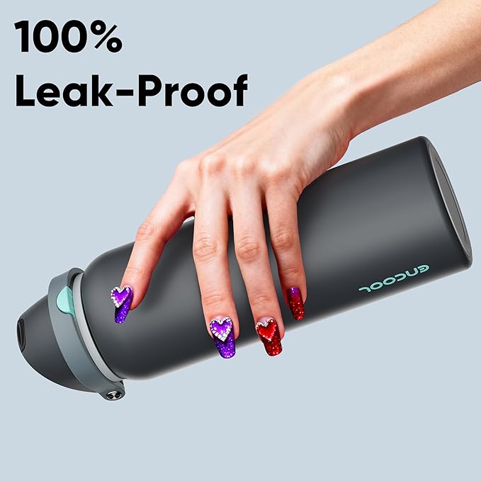 Insulated Water Bottle with Straw - Encool Stainless Steel Water Bottle with Push Button Lid, Leak-Proof & BPA-Free, Keeps Cold for 24 Hours for Sports, Travel, Gym (40 oz, Tuna Grey-Green) ENCOOL