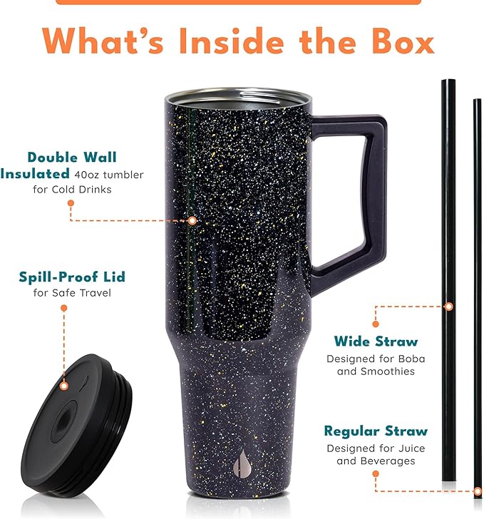 Elemental 40 oz Tumbler with Handle and Straw - Spill Proof Insulated Stainless Steel Commuter for Hot and Cold Beverages - Travel Coffee Mug with 2 Straws & Spill Proof Lid - 40oz - Black Speckle - Bloomnest