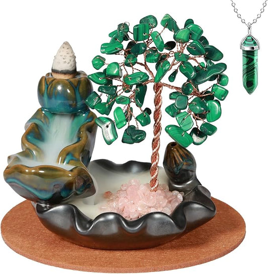 Malachite Waterfall Incense Burner, Money Tree Backflow Incense Holder Healing Crystal Stone, with 30 Backflow Incense Cones + 30 Incense Stick for Yoga Meditation Home Zen Decoration - Bloomnest