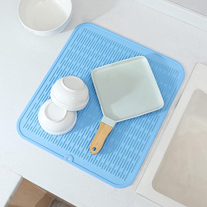 Silicone Dish Drying Mat for Multiple Usage,Easy clean,Eco-friendly,Heat-resistant Silicone Mat for Kitchen Counter or Sink,Refrigerator or Drawer Liner Light Blue XL 18 inches x 16 inches - Bloomnest
