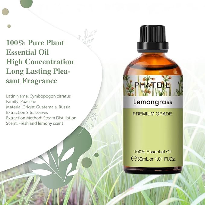 Lemongrass Essential Oil 1.01fl.oz/30ml, PHATOIL Lemongrass Oils Long Lasting Scents for Aromatherapy, Diffuser, DIY Soap and Candle Making PHATOIL