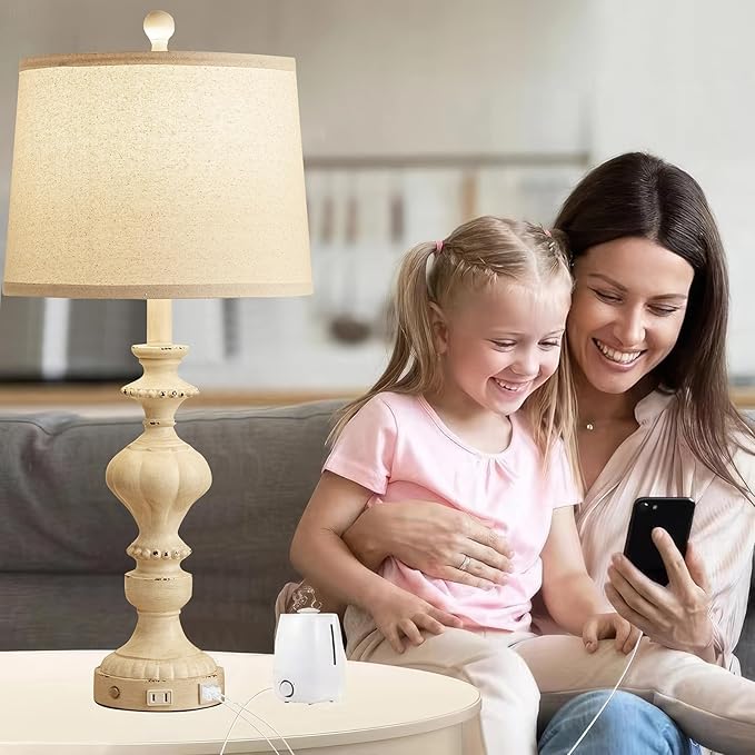 27.5" Farmhouse Table Lamps Set of 2 Bedside Nightstand Lamp with USB C+A Ports & AC Outlet, 3 Way Dimmable Touch Lamps for Bedroom Living Room Office Hallway Rustic Traditional Lamp - Bloomnest