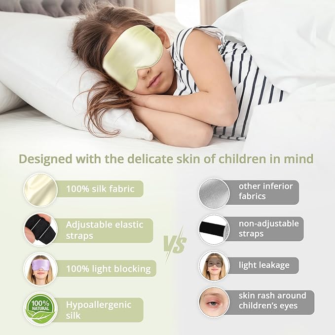 Kids Sleep Mask Eye Cover, 100% Real Natural Pure Silk Eye Mask with Adjustable Strap, Blindfold Kids Eye Mask for Sleeping, Eye Shade for Boys Girls and Adult, Pressure-Free Comfort (Light Green) - Bloomnest