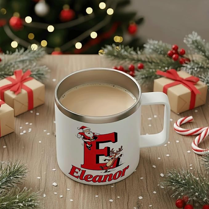 JugJug Personalized Christmas Mug with Initial & Name - Funny Falling Santa 12oz Insulated Coffee Cup w/Lid - Xmas Gifts for Kids, Girls, Family (B159) - Bloomnest